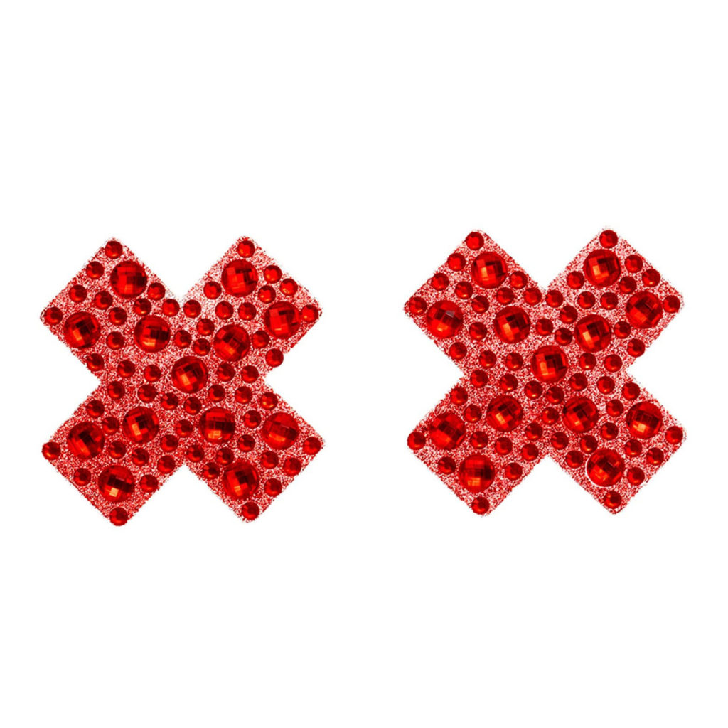 Adesivi per capezzoli a croce rossi con brillantini X Factor Leg Avenue