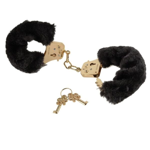Manette dorate con peluche nero "Deluxe Furry Cuffs" | Fetish Fantasy Gold
