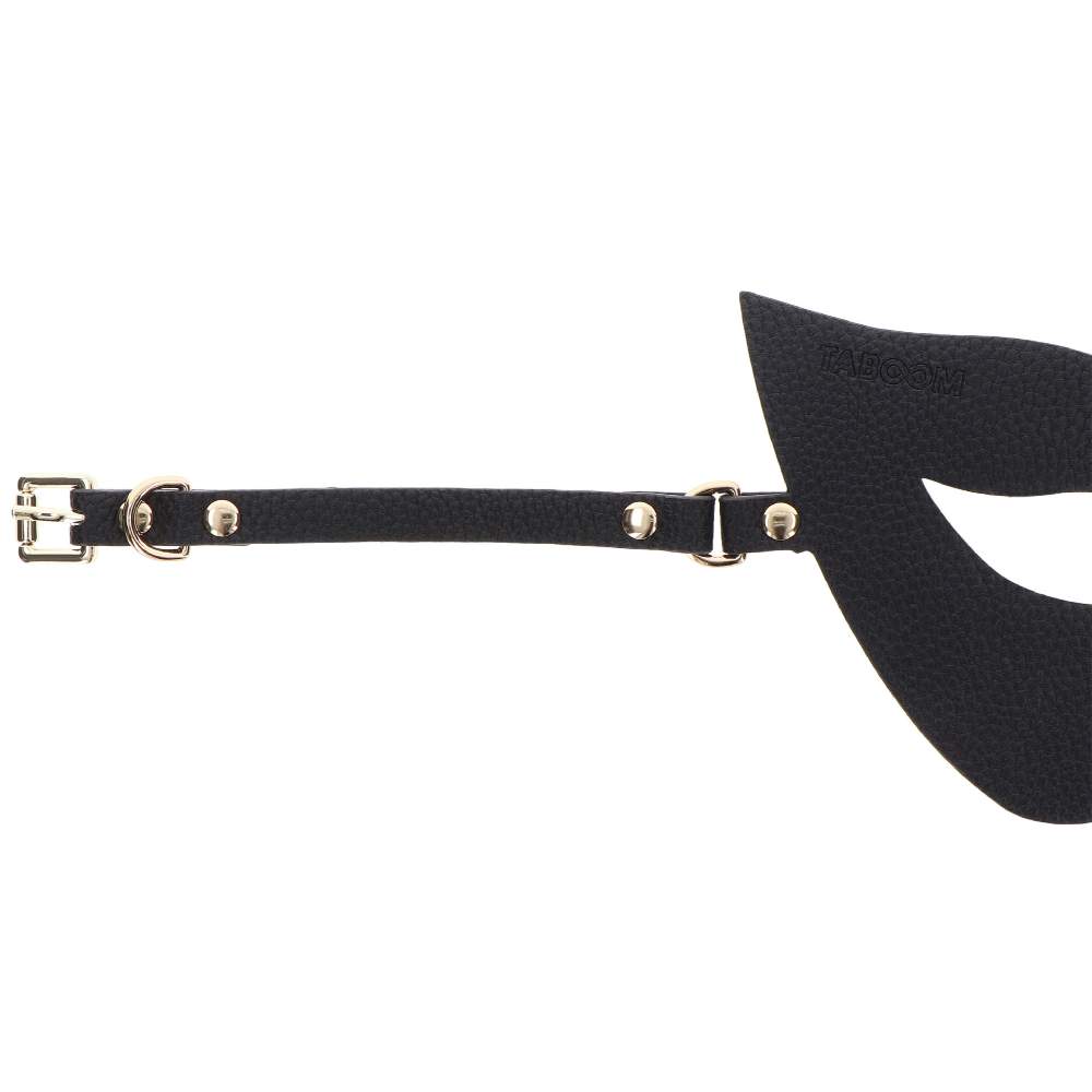 maschera da gatto in ecopelle dona taboom (dettaglio logo e cinturino)